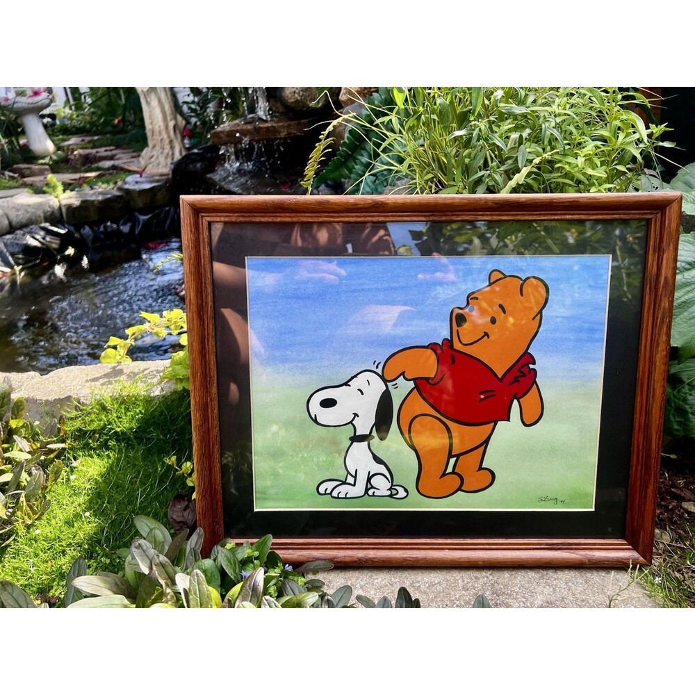 1994 Original Hand Painted Winnie the Pooh & Snoopy Fan Art Framed 15x12